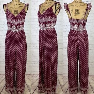 Charlotte Russe Burgandy Boho Print Ruffle Cap Sleeve Jumpsuit